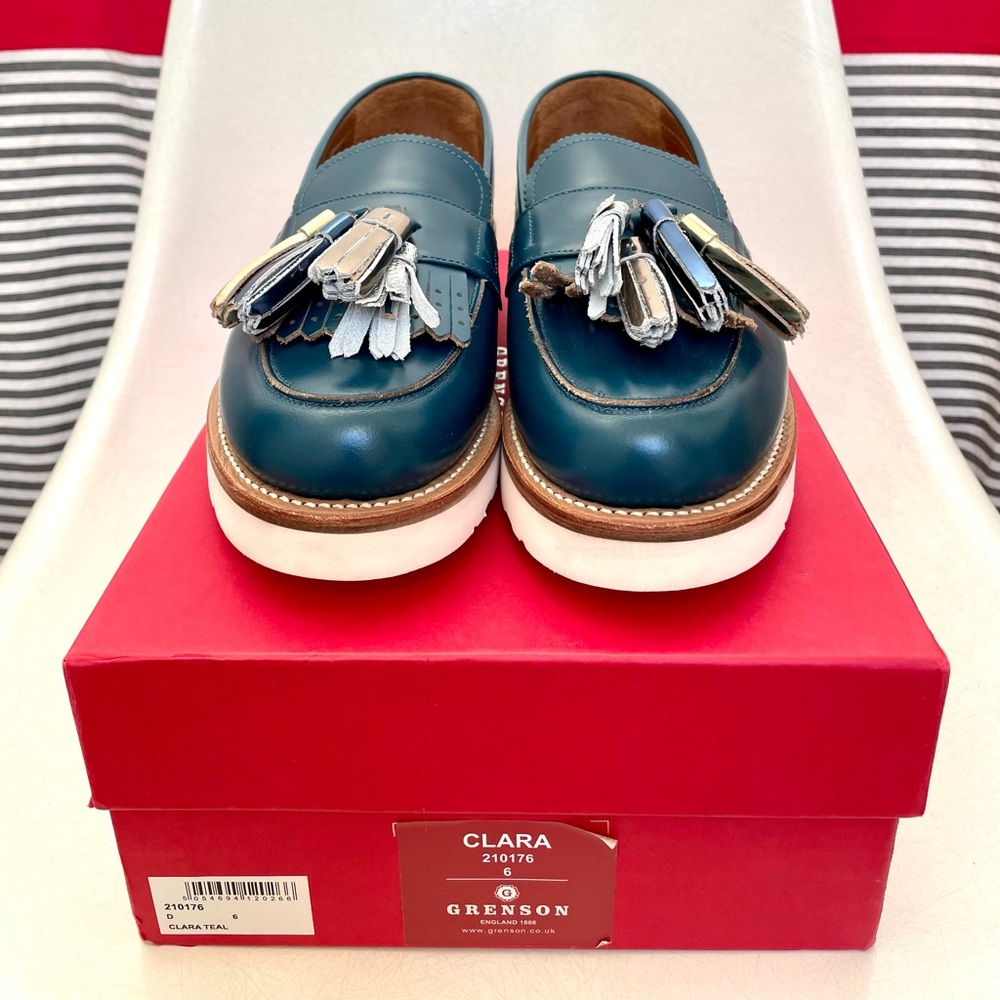 GRENSON Clara Teal Leather Loafers with Multi-Color Tassels